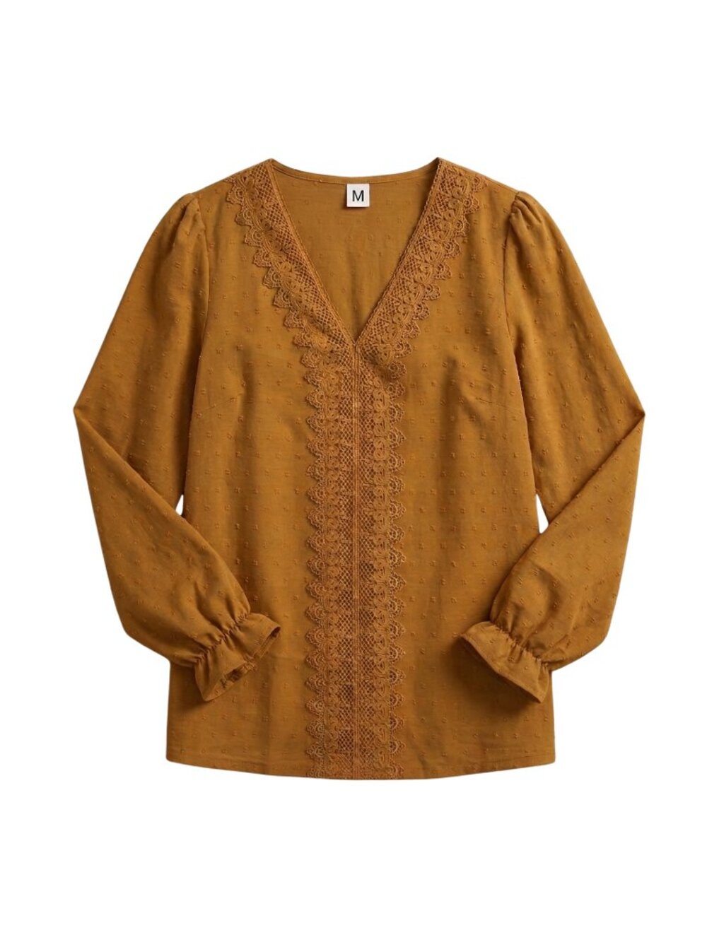 NWOT | Mustard Swiss Dot Lace Trim V-Neck Long Sleeve Ruffle Cuff Blouse | Mediu
